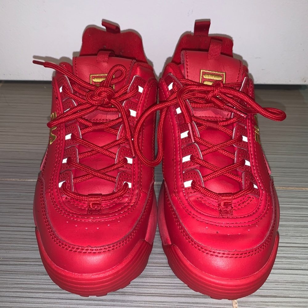 Fila Red Disruptor shoes.